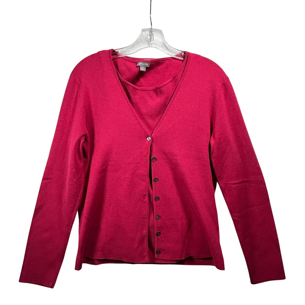 Ann Taylor Womens Medium Raspberry Red Silk Blend Cardigan and Shell Twin Set